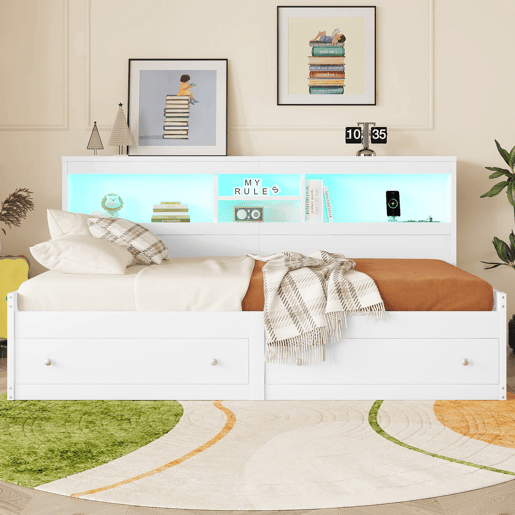 Sofá-cama 90x200 cm - com tomada USB e 2 gavetas - base de ripas - Branco Sofá-cama 90x200 cm - com tomada USB e 2 gavetas - base de ripas - Branco
