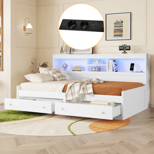 Sofá-cama 90x200 cm - com tomada USB e 2 gavetas - base de ripas - Branco Sofá-cama 90x200 cm - com tomada USB e 2 gavetas - base de ripas - Branco