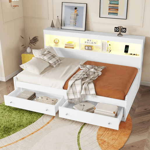 Sofá-cama 90x200 cm - com tomada USB e 2 gavetas - base de ripas - Branco Sofá-cama 90x200 cm - com tomada USB e 2 gavetas - base de ripas - Branco