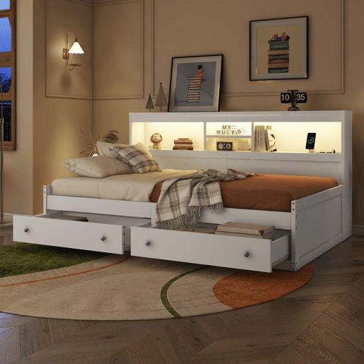 Sofá-cama 90x200 cm - com tomada USB e 2 gavetas - base de ripas - Branco Sofá-cama 90x200 cm - com tomada USB e 2 gavetas - base de ripas - Branco