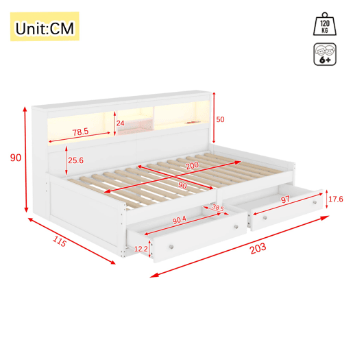 Sofá-cama 90x200 cm - com tomada USB e 2 gavetas - base de ripas - Branco Sofá-cama 90x200 cm - com tomada USB e 2 gavetas - base de ripas - Branco