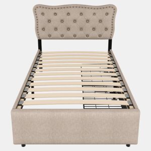 Cama estofada em linho com 2 gavetas - 90x200 cm - cabeceira decorada com rebites - Taupe