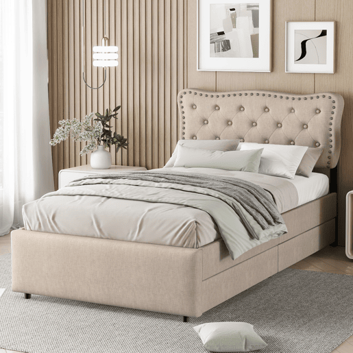 Cama estofada em linho com 2 gavetas - 90x200 cm - cabeceira decorada com rebites - Taupe