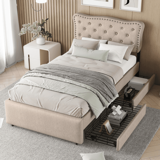 Cama estofada em linho com 2 gavetas - 90x200 cm - cabeceira decorada com rebites - Taupe