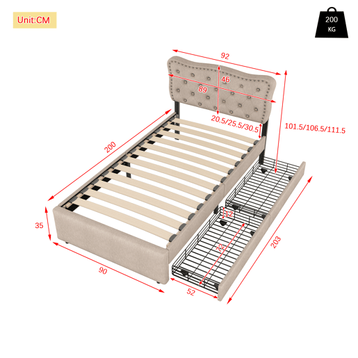 Cama estofada em linho com 2 gavetas - 90x200 cm - cabeceira decorada com rebites - Taupe