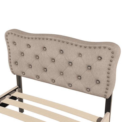 Cama estofada em linho com 2 gavetas - 90x200 cm - cabeceira decorada com rebites - Taupe