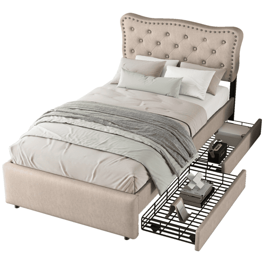 Cama estofada em linho com 2 gavetas - 90x200 cm - cabeceira decorada com rebites - Taupe