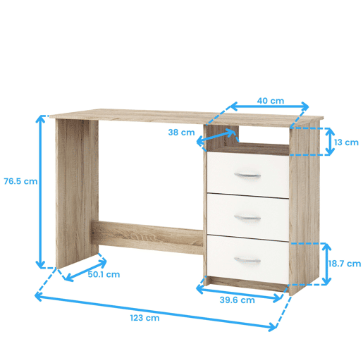 Mesa de escritório reversÃvel com 3 gavetas, mesa de computador para jovens, carvalho e branco 123 cm Mesa de escritório reversÃvel com 3 gavetas, mesa de computador para jovens, carvalho e branco 123 cm