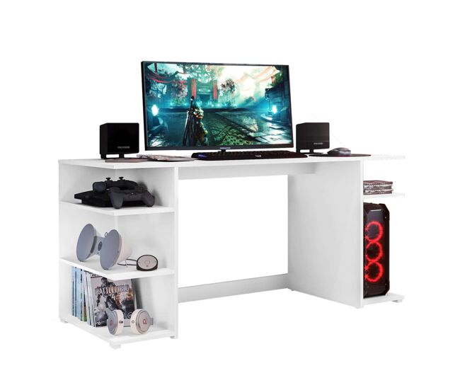 Mesa de ordenador tow 5h para oficina estilo contemporáneo en color blanco con 3 estantes y soporte torre