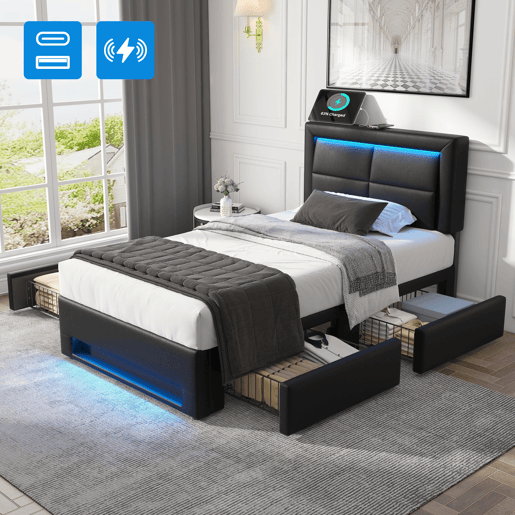 Cama em pele sintética com gavetas 90x200 cm - com LED e portas de carregamento (com e sem fios) - Preto