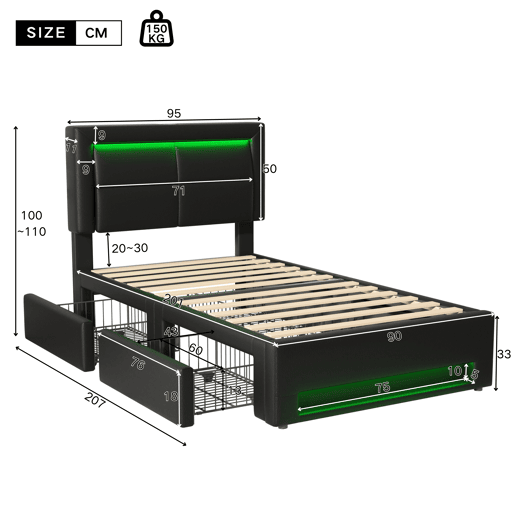 Cama em pele sintética com gavetas 90x200 cm - com LED e portas de carregamento (com e sem fios) - Preto