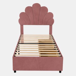 Cama individual estofada em veludo com 2 gavetas - 90x200cm - cabeceira em forma de flor - com estrado de molas - Vermelho