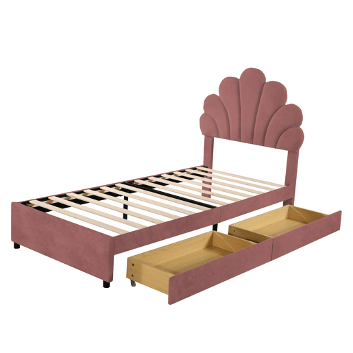 Cama individual estofada em veludo com 2 gavetas - 90x200cm - cabeceira em forma de flor - com estrado de molas - Vermelho