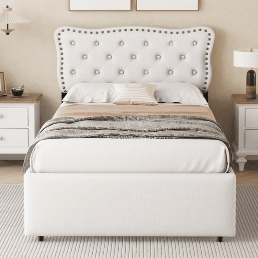 Cama estofada em tecido de linho com 2 gavetas - 90x200 cm - cabeceira decorada com rebites - Bege