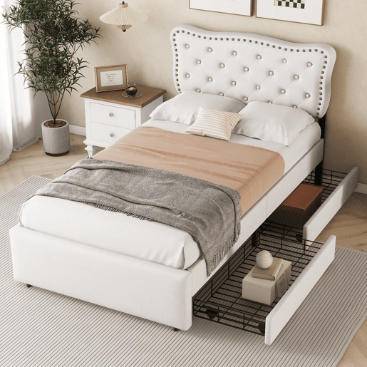 Cama estofada em tecido de linho com 2 gavetas - 90x200 cm - cabeceira decorada com rebites - Bege