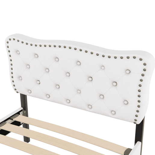 Cama estofada em tecido de linho com 2 gavetas - 90x200 cm - cabeceira decorada com rebites - Bege