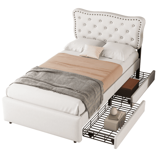 Cama estofada em tecido de linho com 2 gavetas - 90x200 cm - cabeceira decorada com rebites - Bege