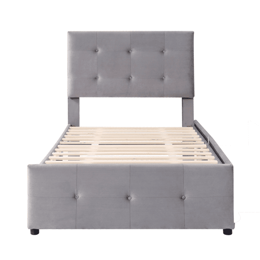 Cama estofada em veludo 90x200cm - cama individual com 2 gavetas e estrado de molas - Cinzento Cama estofada em veludo 90x200cm - cama individual com 2 gavetas e estrado de molas - Cinzento