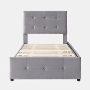Cama estofada em veludo 90x200cm - cama individual com 2 gavetas e estrado de molas - Cinzento