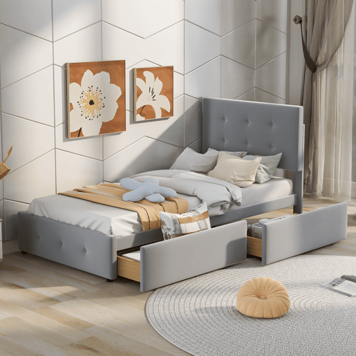 Cama estofada em veludo 90x200cm - cama individual com 2 gavetas e estrado de molas - Cinzento Cama estofada em veludo 90x200cm - cama individual com 2 gavetas e estrado de molas - Cinzento