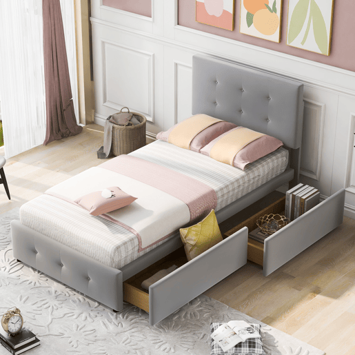 Cama estofada em veludo 90x200cm - cama individual com 2 gavetas e estrado de molas - Cinzento Cama estofada em veludo 90x200cm - cama individual com 2 gavetas e estrado de molas - Cinzento