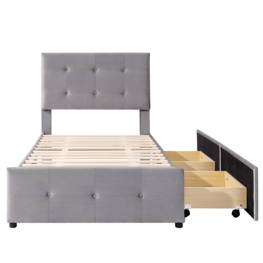 Cama estofada em veludo 90x200cm - cama individual com 2 gavetas e estrado de molas - Cinzento Cama estofada em veludo 90x200cm - cama individual com 2 gavetas e estrado de molas - Cinzento