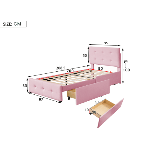 Cama estofada em veludo 90x200cm - Cama individual com 2 gavetas e estrado de molas - Rosa