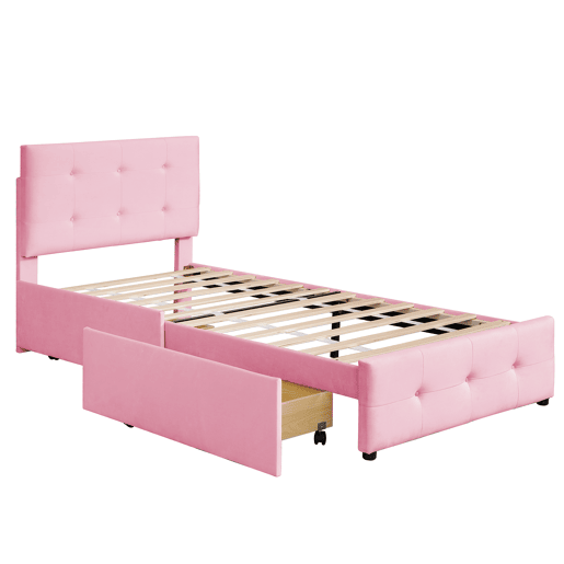 Cama estofada em veludo 90x200cm - Cama individual com 2 gavetas e estrado de molas - Rosa