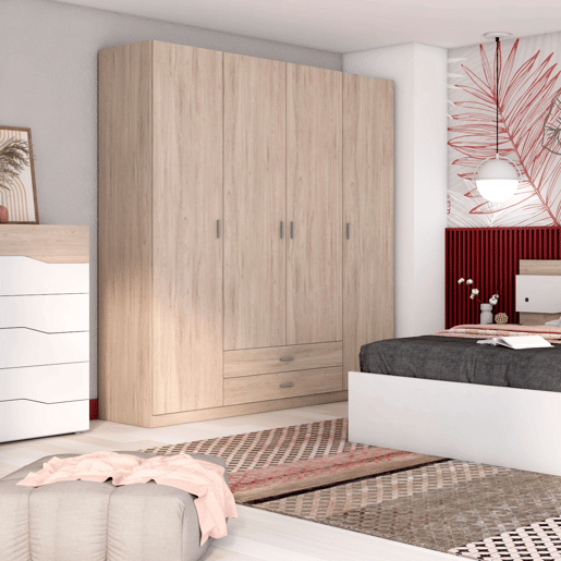 Guarda-roupa Roma com 4 portas e 2 gavetas, guarda-roupa de quarto, cor Sahara, móvel moderno, 200x215 cm