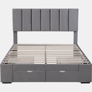 Cama de adulto estofada em veludo 140x200 cm com 4 gavetas + cabeceira regulável + estrado de molas - Cinzento