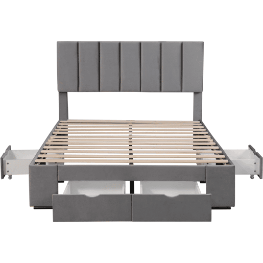 Cama de adulto estofada em veludo 140x200 cm com 4 gavetas + cabeceira regulável + estrado de molas - Cinzento