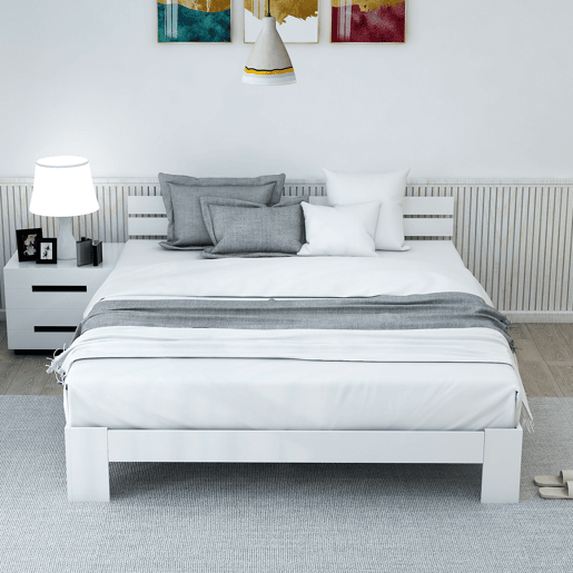 Cama de madeira maciça para adultos com estrado de ripas - 140x200 cm - branco