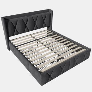 Cama estofada em linho 140x200cm - com 4 gavetas e portas de carregamento USB - Cinzento (colchão não incluído)