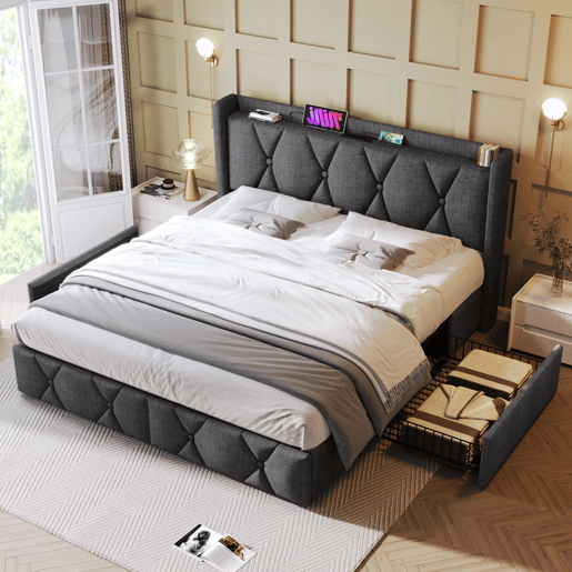Cama estofada em linho 140x200cm - com 4 gavetas e portas de carregamento USB - Cinzento (colchão não incluído)