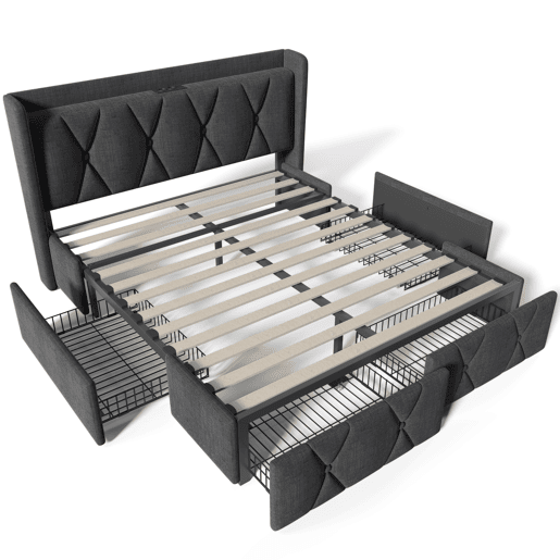 Cama estofada em linho 140x200cm - com 4 gavetas e portas de carregamento USB - Cinzento (colchão não incluído)