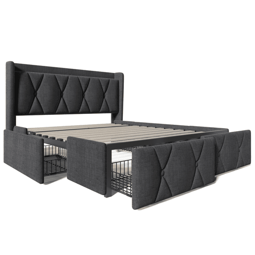 Cama estofada em linho 140x200cm - com 4 gavetas e portas de carregamento USB - Cinzento (colchão não incluído)
