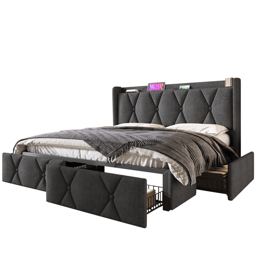 Cama estofada em linho 140x200cm - com 4 gavetas e portas de carregamento USB - Cinzento (colchão não incluído)