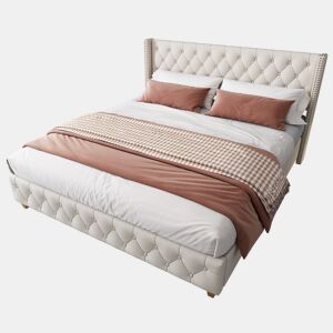 Cama de adulto estofada em linho - 180x200 cm - com estrado de molas - Bege