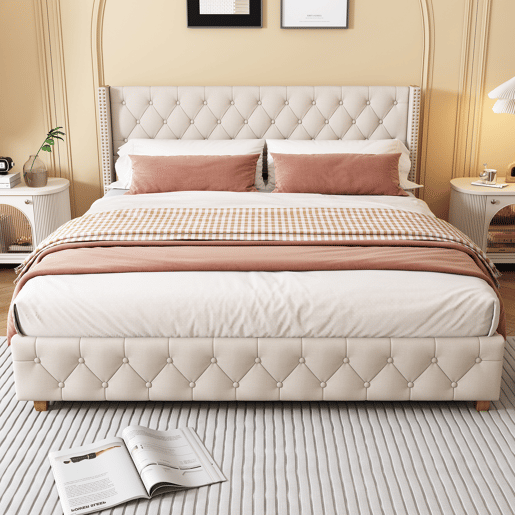 Cama de adulto estofada em linho - 180x200 cm - com estrado de molas - Bege