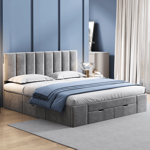 Cama de adulto estofada em veludo 160x200cm com 4 gavetas + cabeceira regulável + estrado de molas - Cinzento