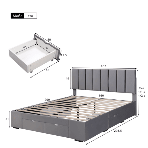 Cama de adulto estofada em veludo 160x200cm com 4 gavetas + cabeceira regulável + estrado de molas - Cinzento