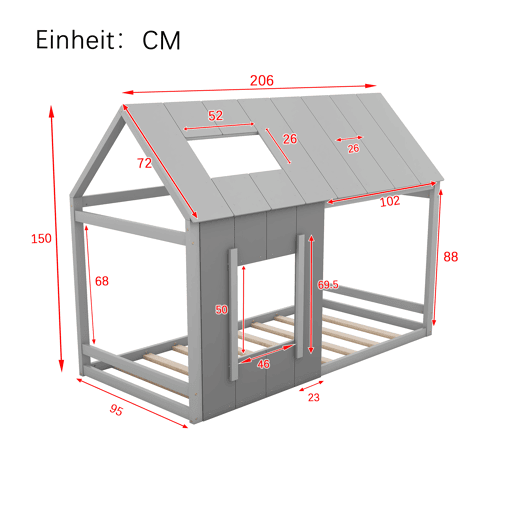 Cama cabina em madeira de pinho 90x200cm - cama para crianças com teto e janela e estrado - Cinzento