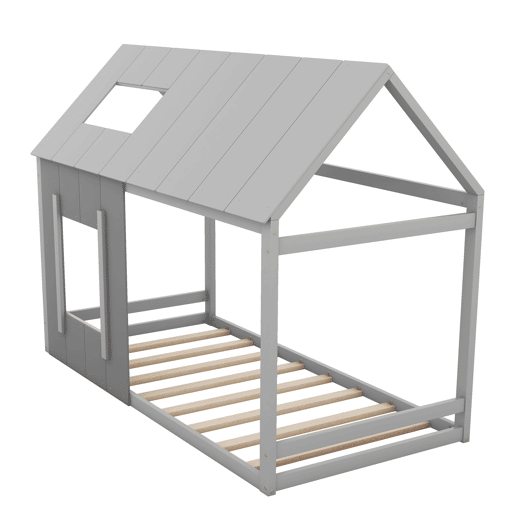 Cama cabina em madeira de pinho 90x200cm - cama para crianças com teto e janela e estrado - Cinzento