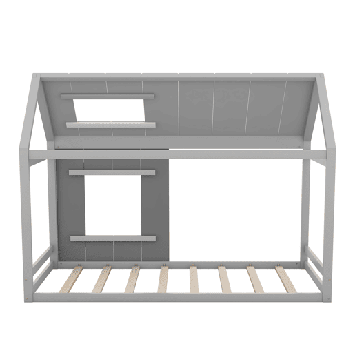 Cama cabina em madeira de pinho 90x200cm - cama para crianças com teto e janela e estrado - Cinzento