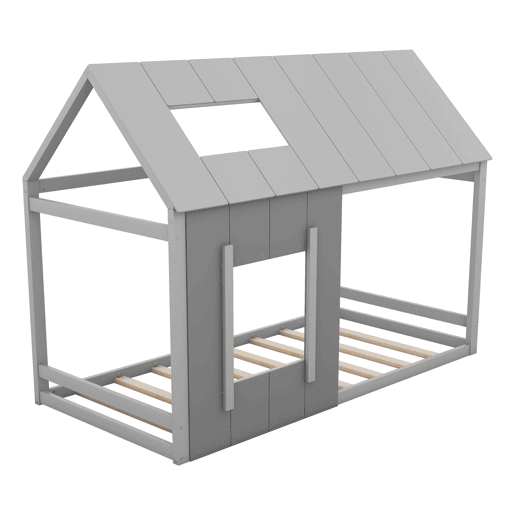 Cama cabina em madeira de pinho 90x200cm - cama para crianças com teto e janela e estrado - Cinzento