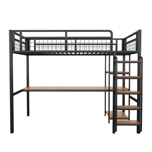 Cama alta de metal 90x200 cm - com secretária e escada de segurança - Preto