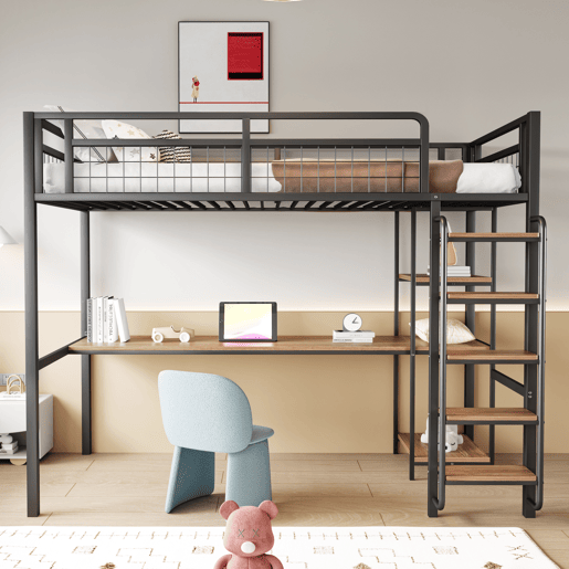Cama alta de metal 90x200 cm - com secretária e escada de segurança - Preto