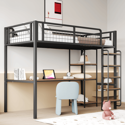 Cama alta de metal 90x200 cm - com secretária e escada de segurança - Preto