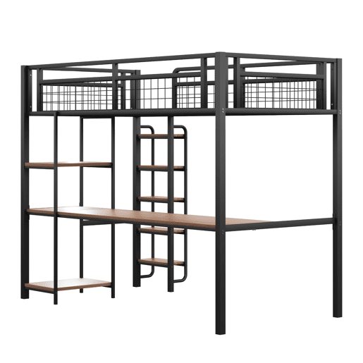 Cama alta de metal 90x200 cm - com secretária e escada de segurança - Preto