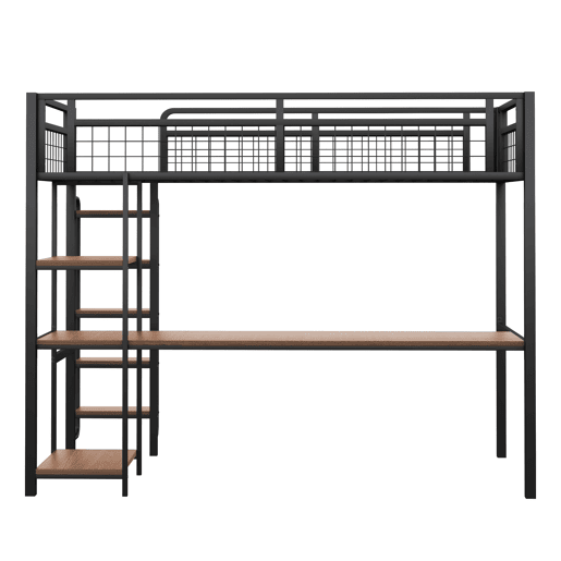 Cama alta de metal 90x200 cm - com secretária e escada de segurança - Preto